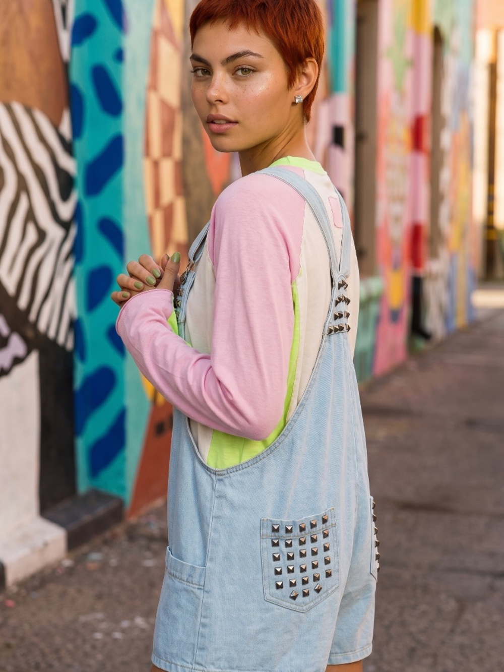 POL Studded Light Wash Denim Overall Shorts | Relaxed Fit Button Front Shortalls - Picture 3 of 5
